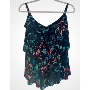 Aqua Green Black Teal Pink Floral Ruffled Tiered Tankini Swim Top Size XL